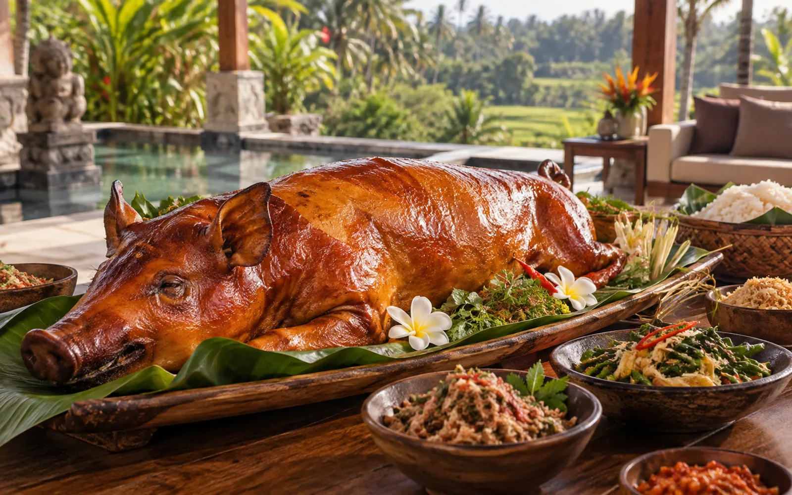 Balinese whole roasted pig with rice, sambals and traditional accompaniments