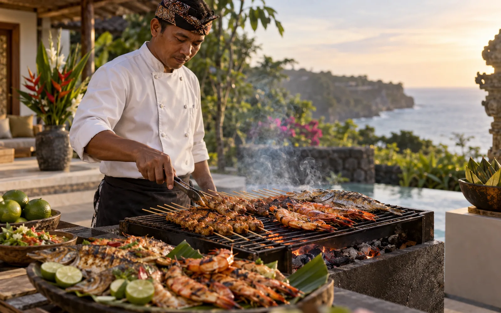 Live-fire BBQ with grilled satay and seafood at a tropical villa