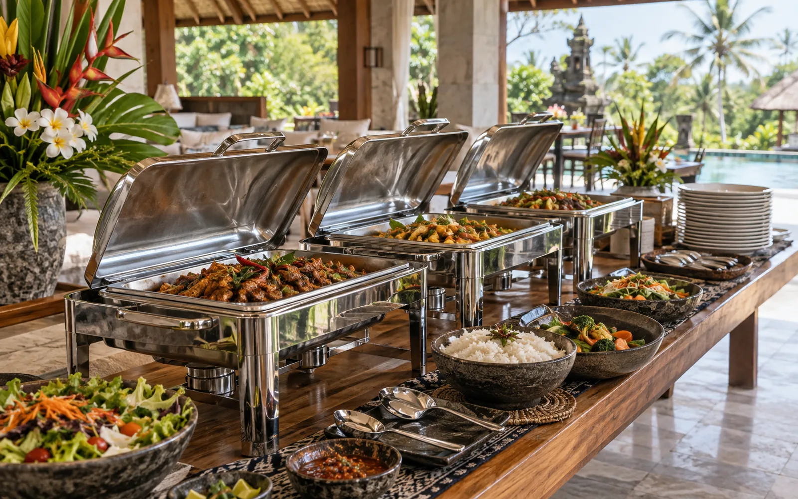 An elegant buffet of Indonesian dishes with serving equipment