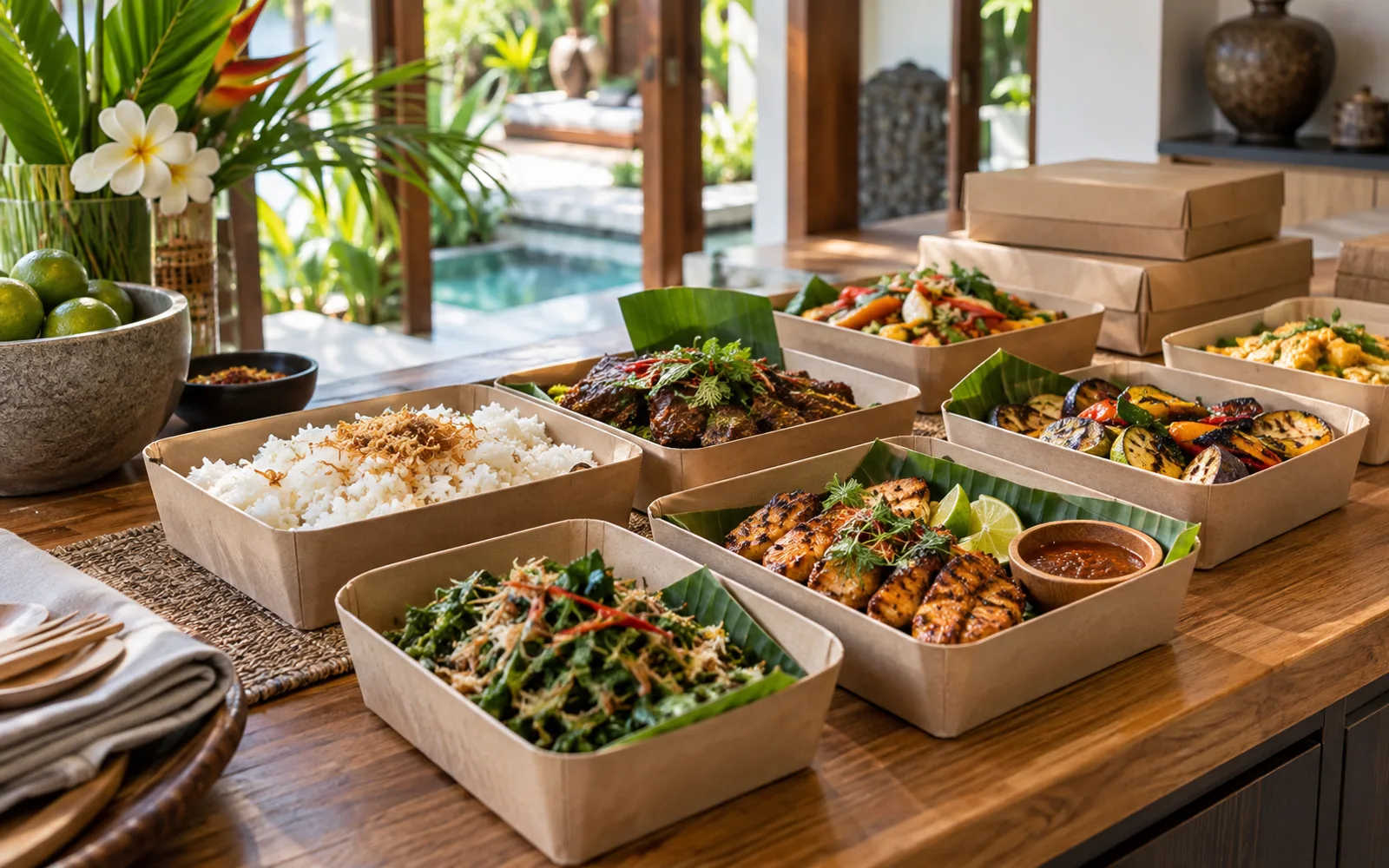 Prepared meal containers and shared dishes ready for villa delivery