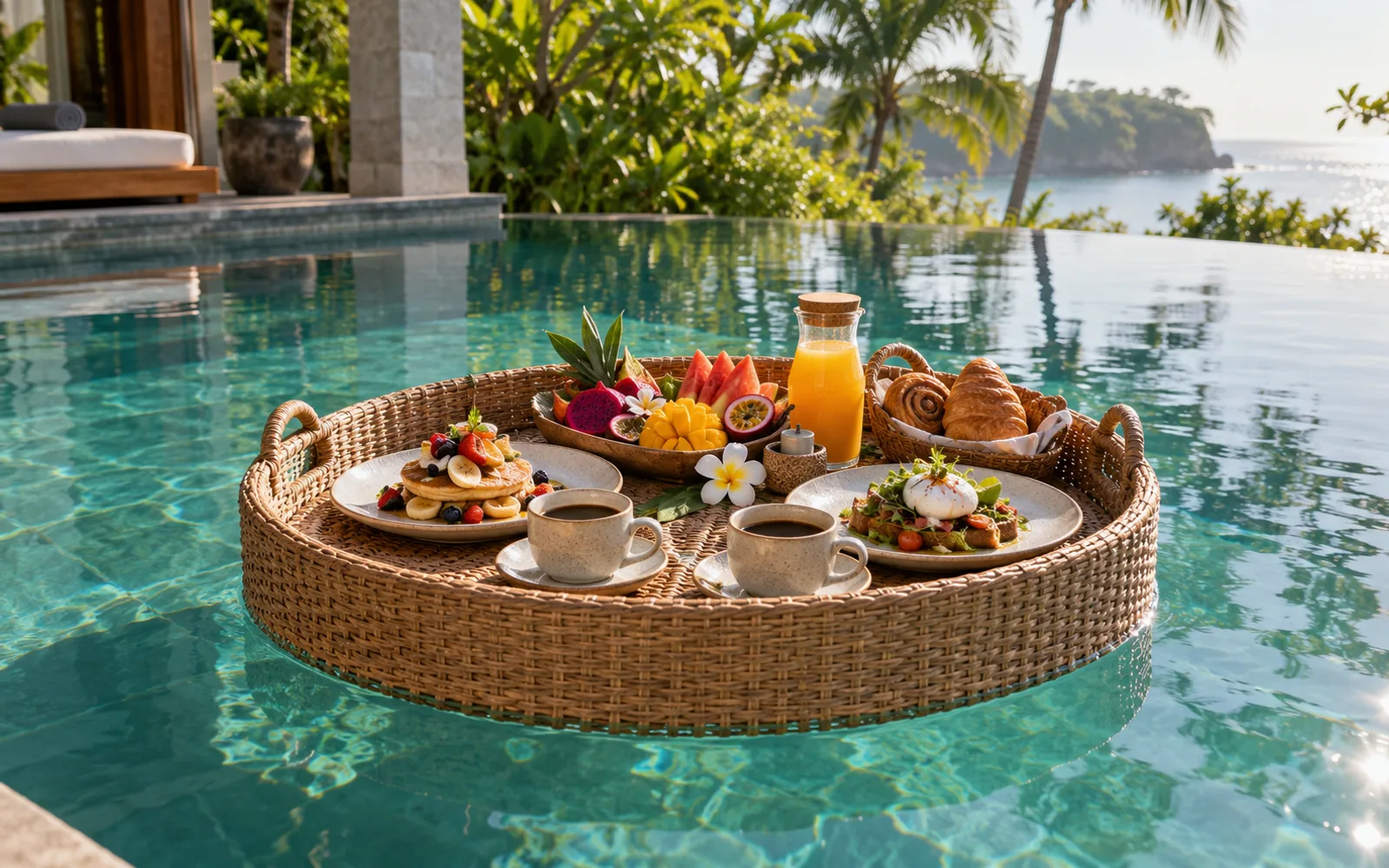A breakfast tray with tropical fruit, pastries and juice floating in a villa pool