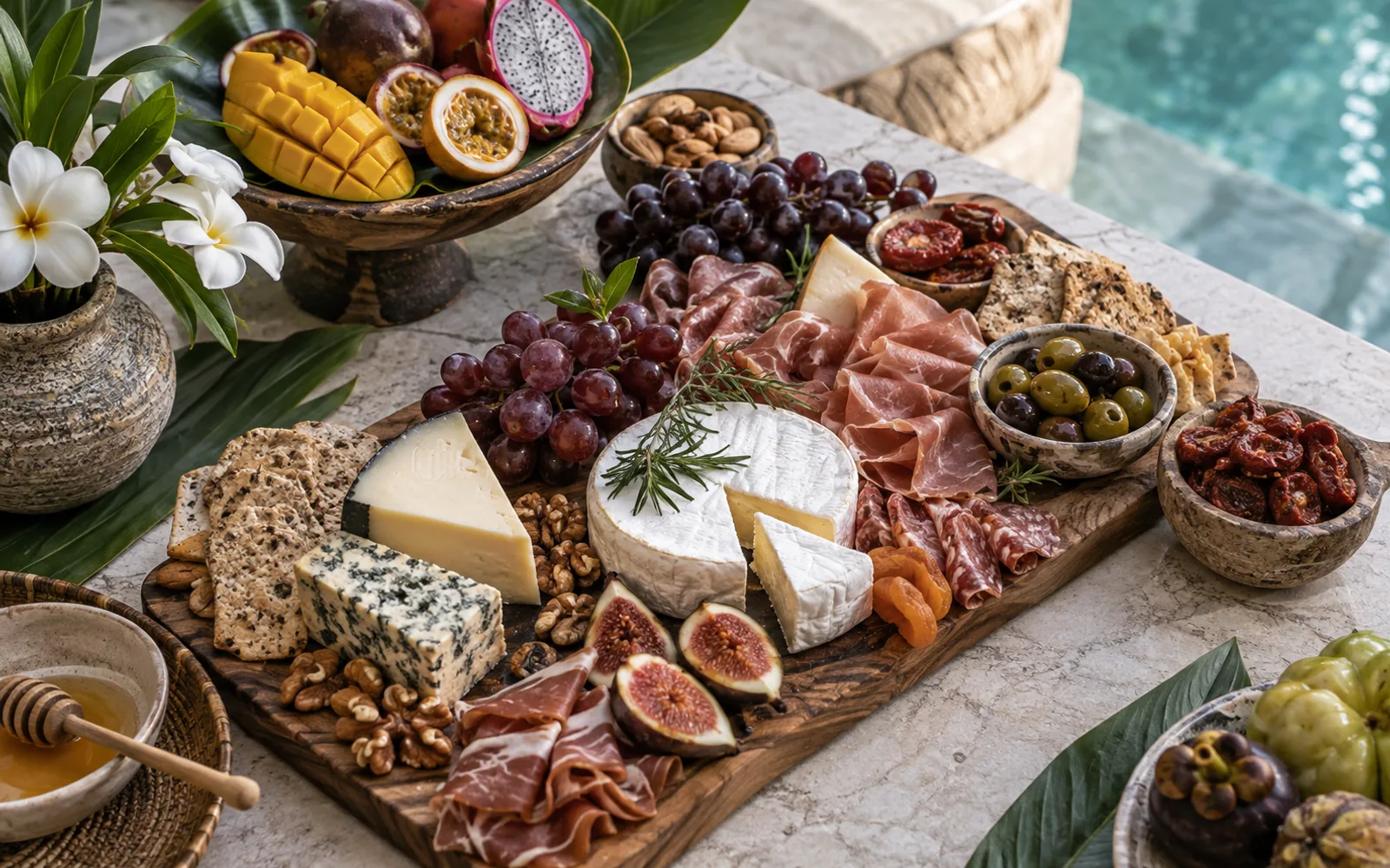A styled grazing table with cheese, charcuterie, breads and tropical fruit