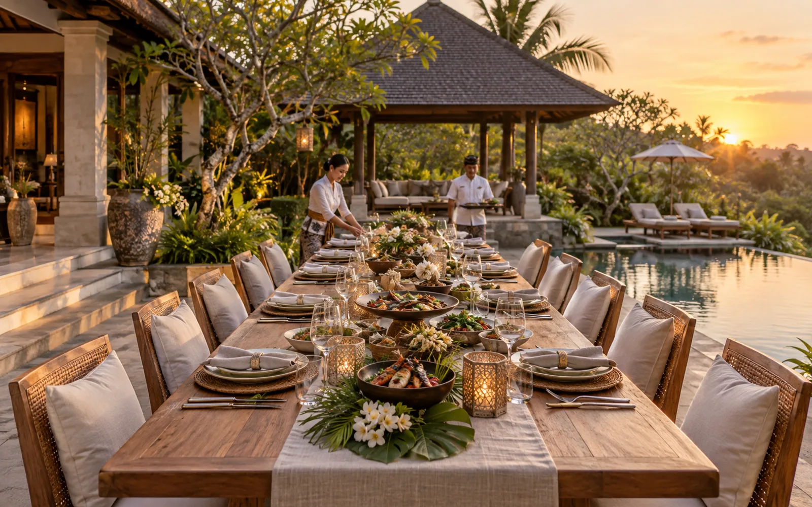 An inviting private villa table with a generous catered meal in Bali