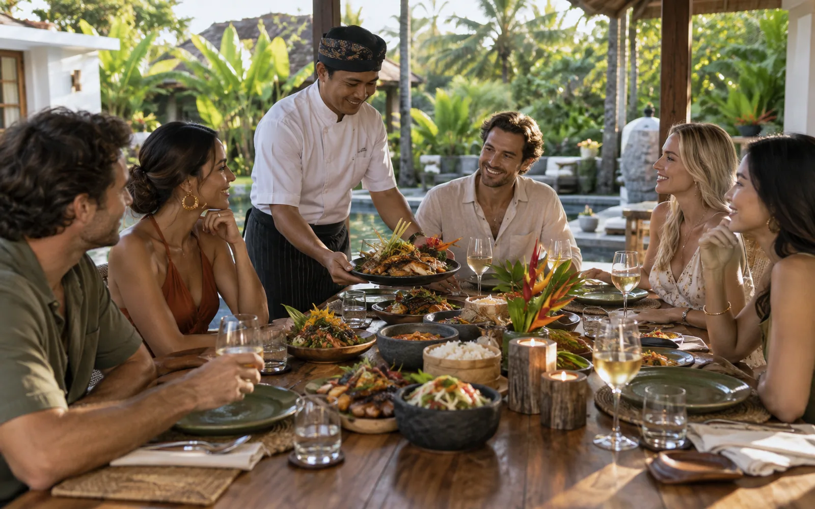 A relaxed shared lunch prepared on a shaded Bali villa terrace