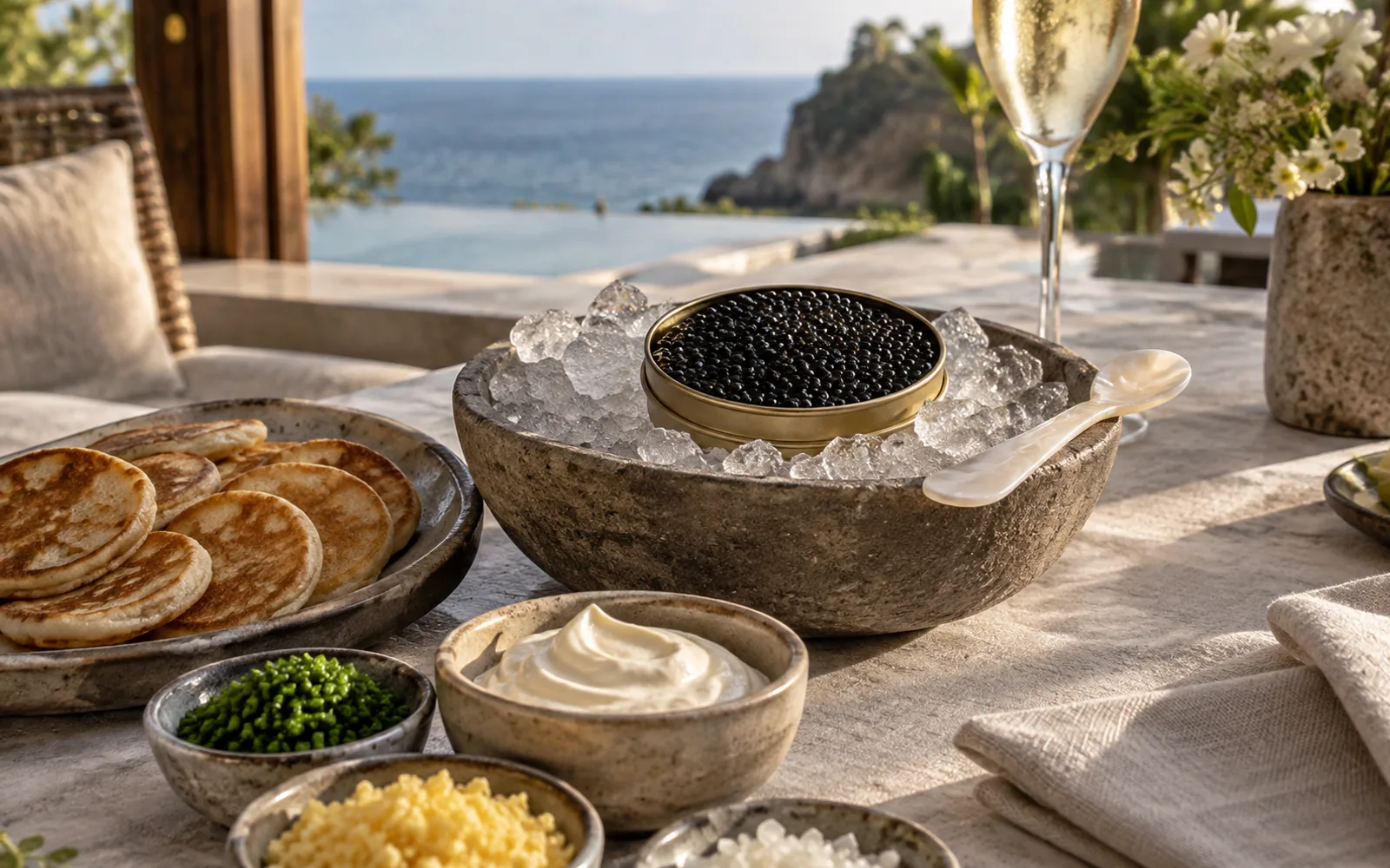 Caviar experience Bali with champagne service at a private villa