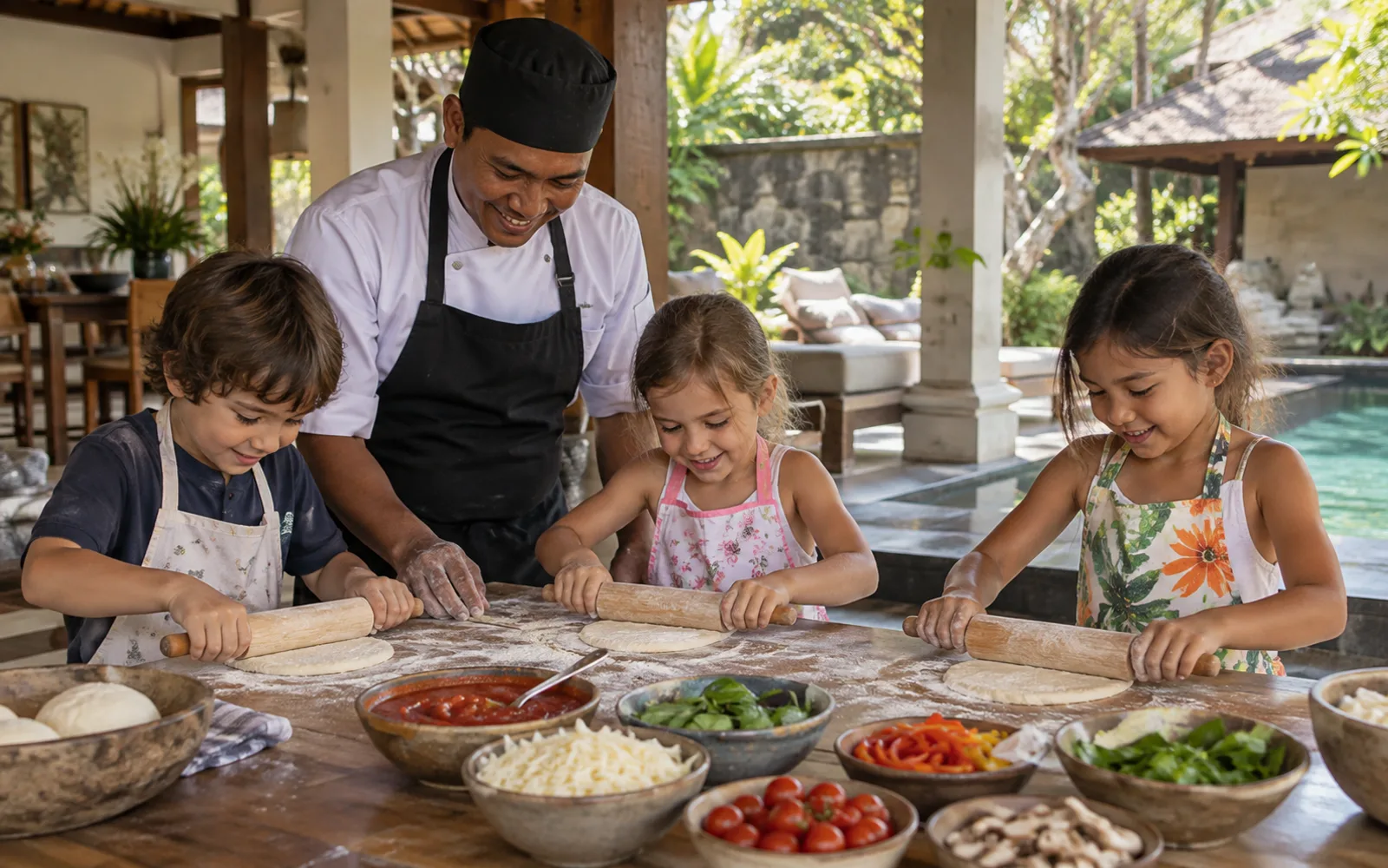 Children decorating food together at a colourful villa cooking party