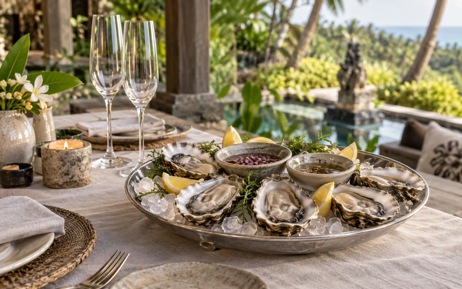 Fresh oysters on ice with lemon and champagne glasses for a villa reception