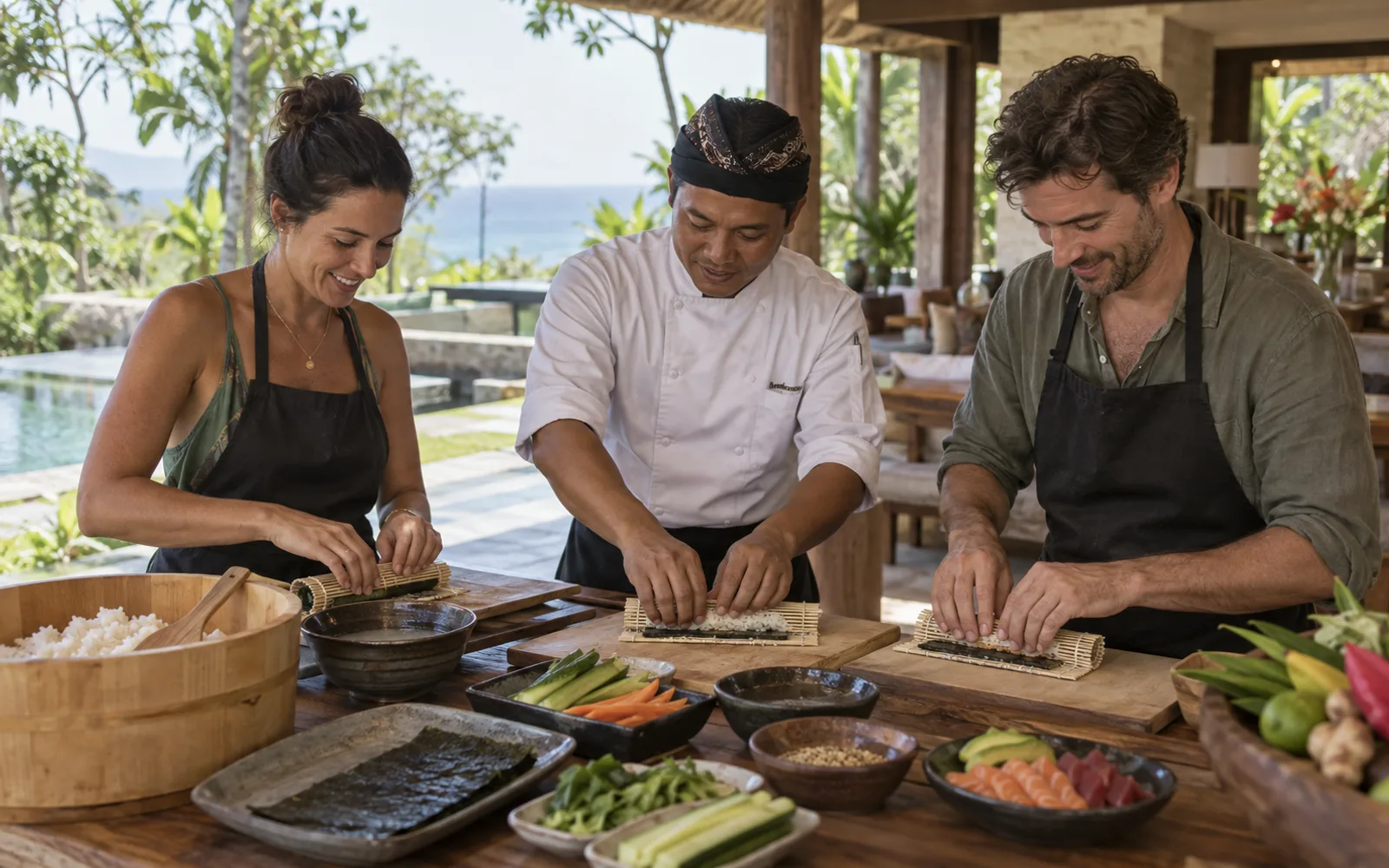 Hands preparing sushi rolls with fresh ingredients at a villa kitchen counter