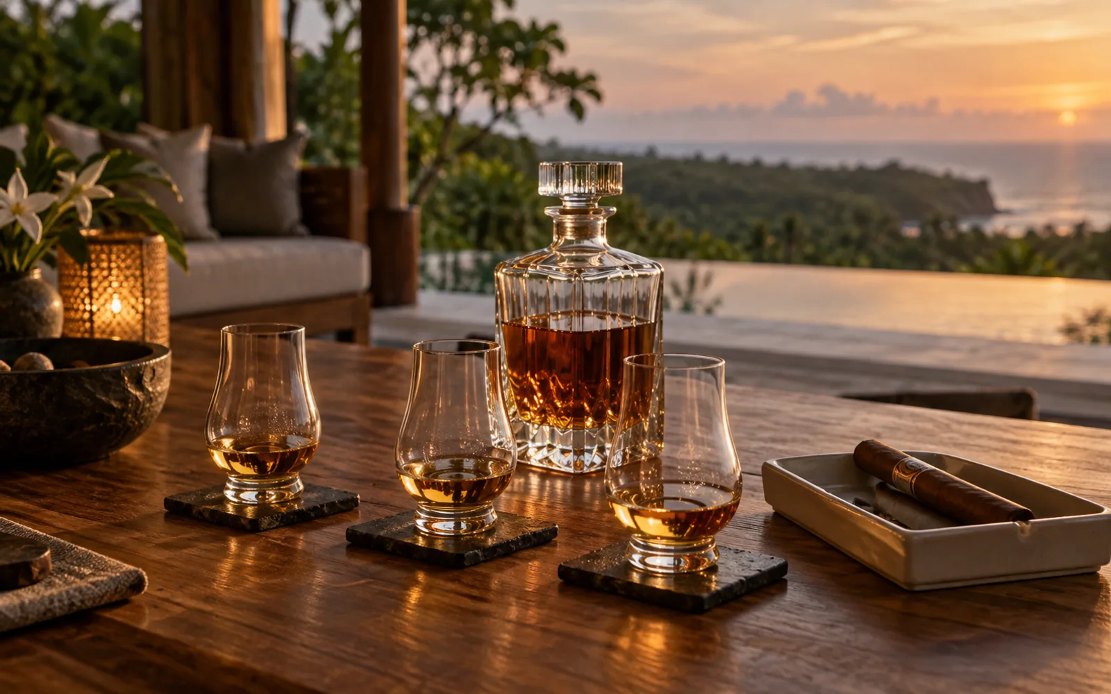 Whiskey and cigar experience at a luxury Bali villa terrace