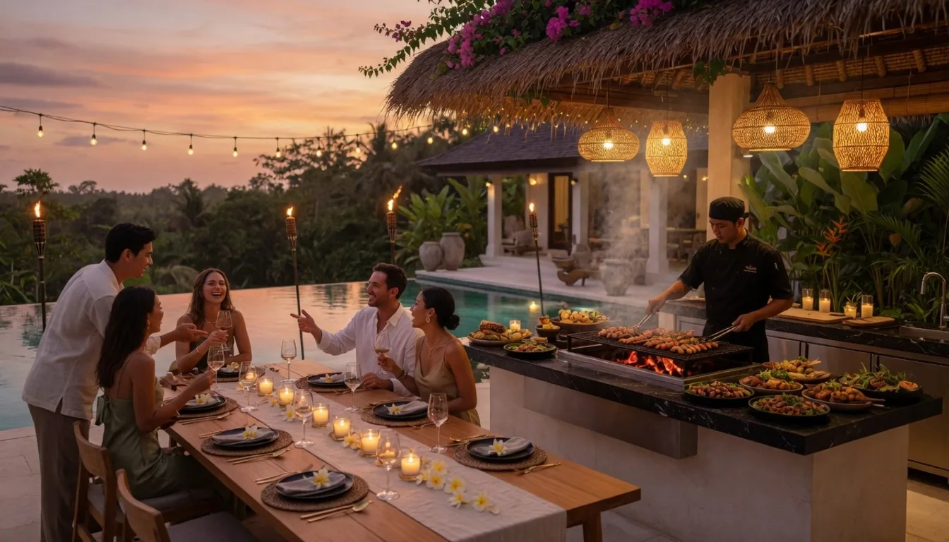 Chef working a live BBQ station at a Bali villa with mixed grill skewers and sambal bowls