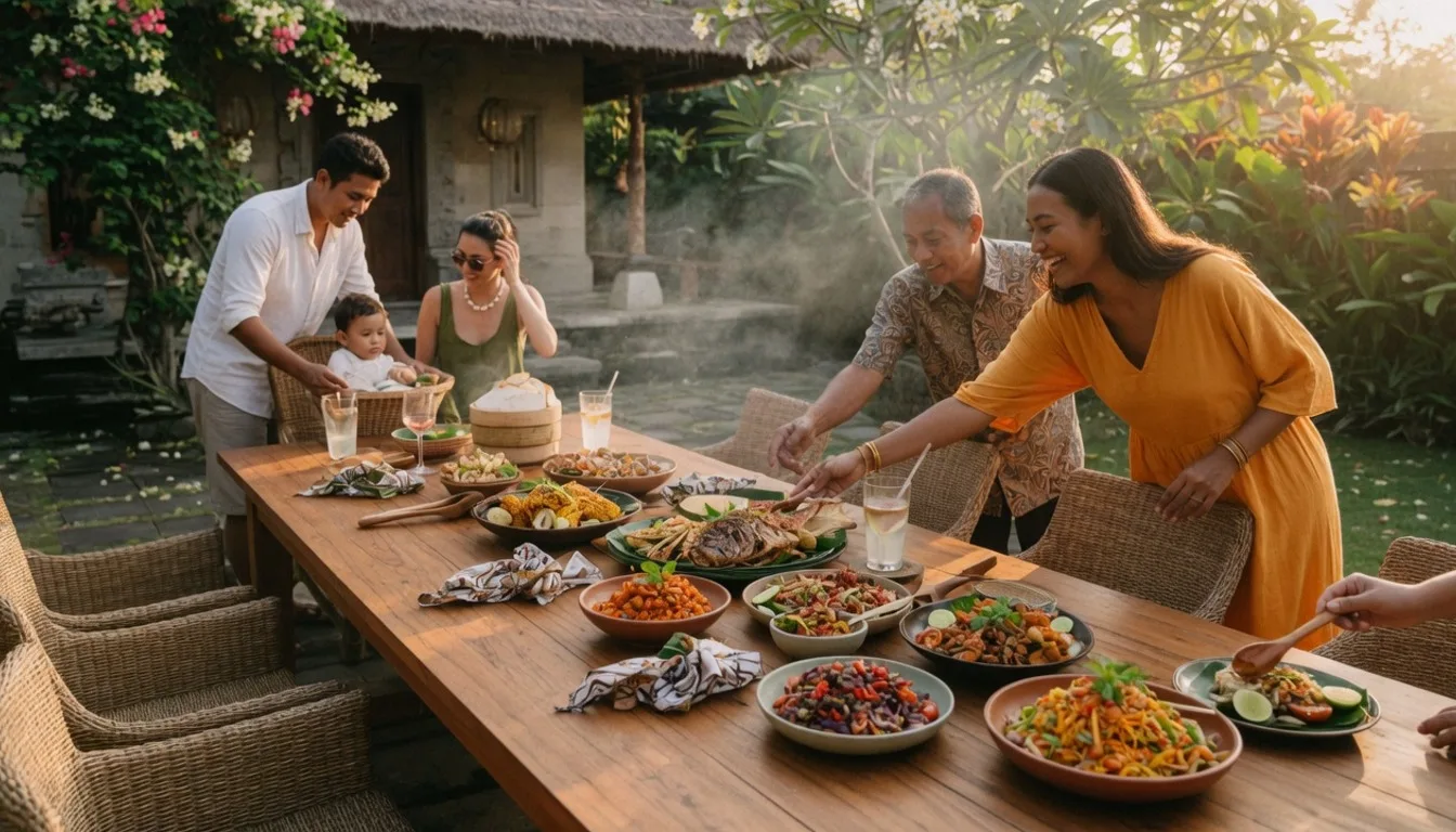 Family-style BBQ feast on a long outdoor table at a Bali villa with grilled seafood and salads