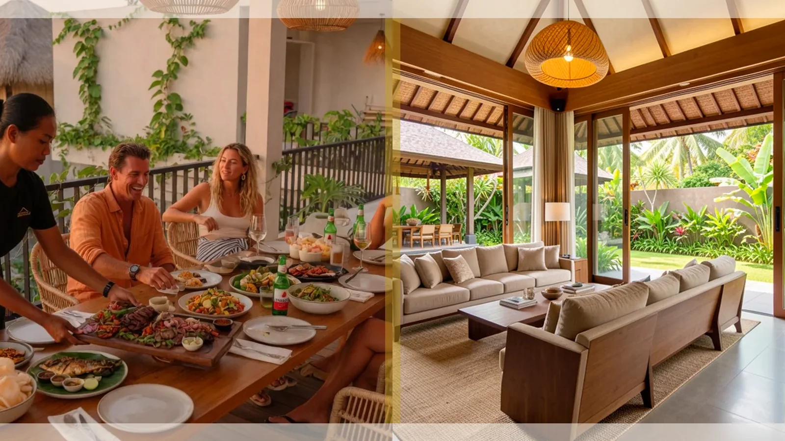 Conceptual Bali family villa holiday collage showing pool, terrace and tropical garden mood