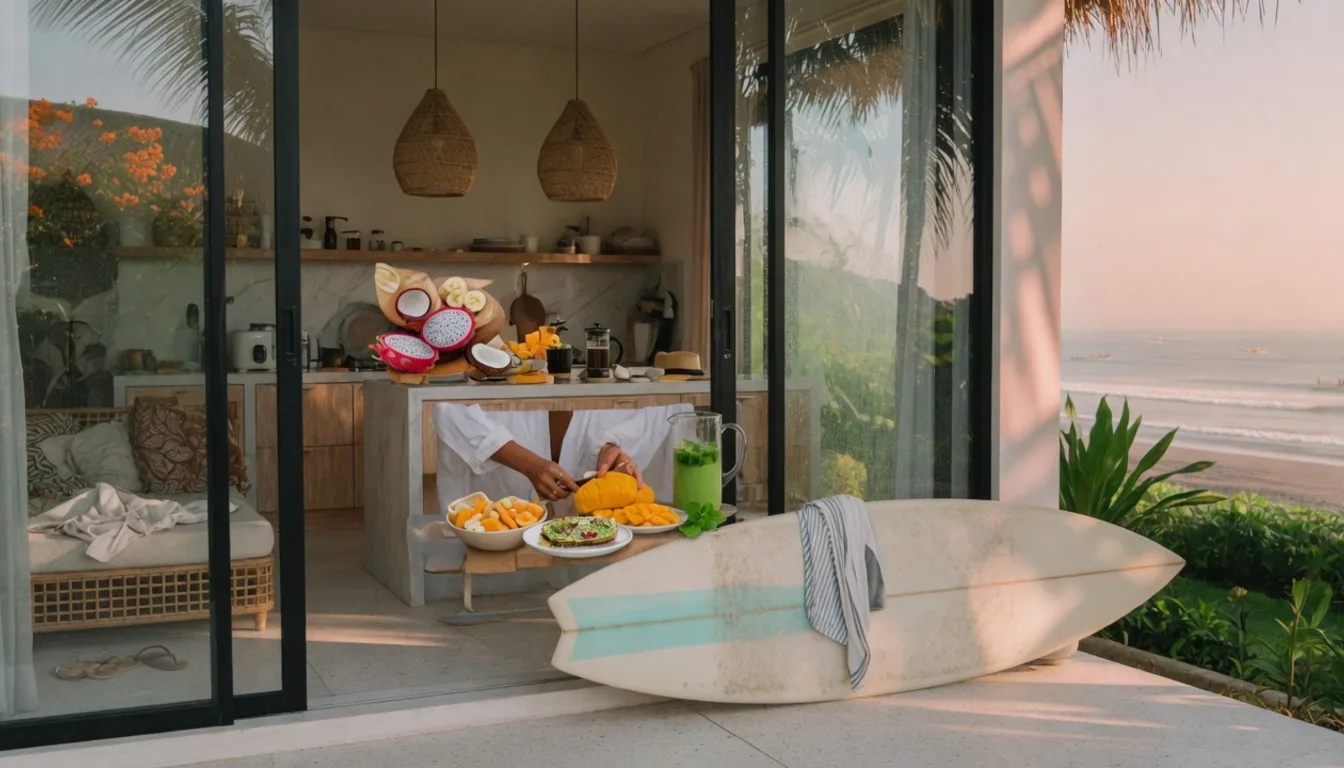 Morning surf lifestyle in Canggu with healthy villa breakfast prep in the background