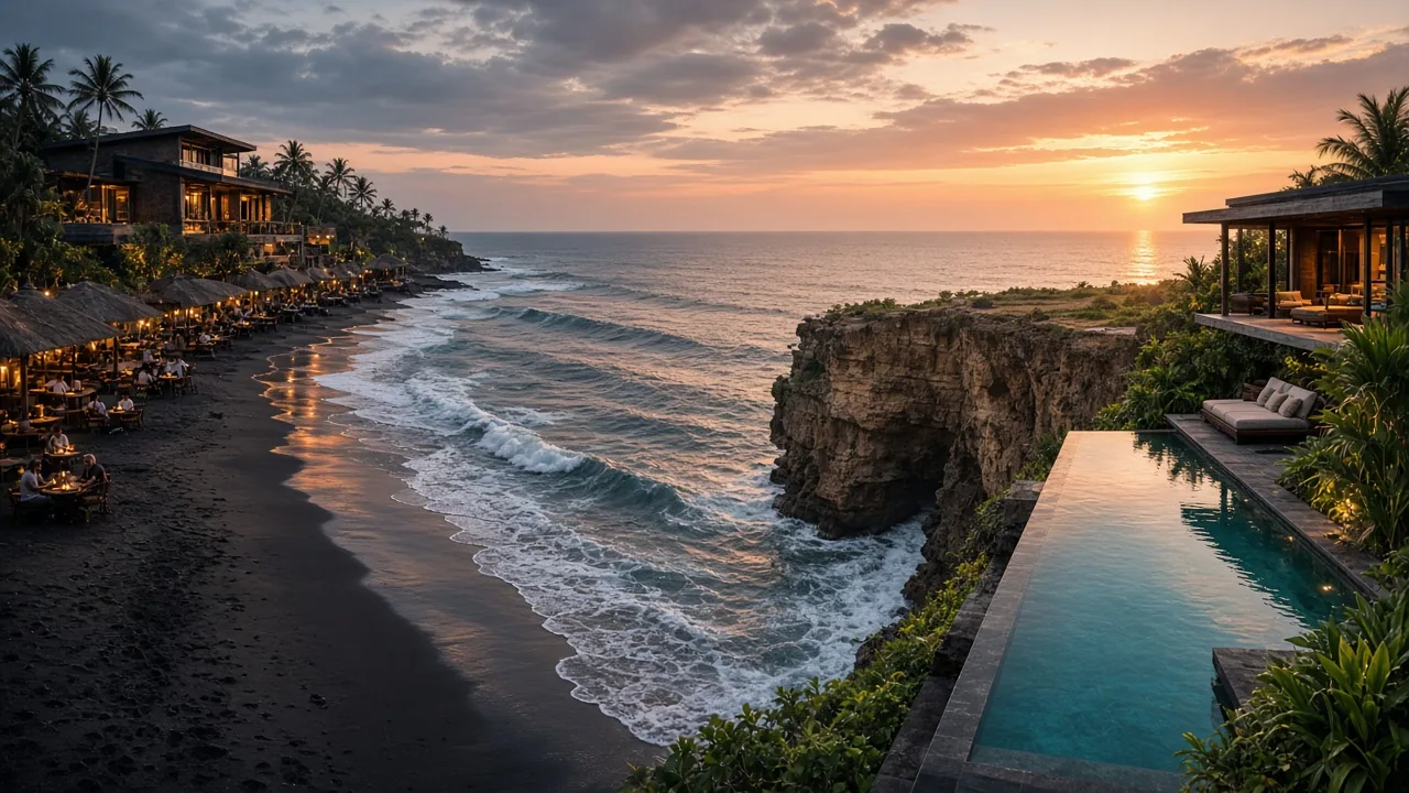 Split scene of a Canggu surf beach and an Uluwatu cliff villa for a group holiday