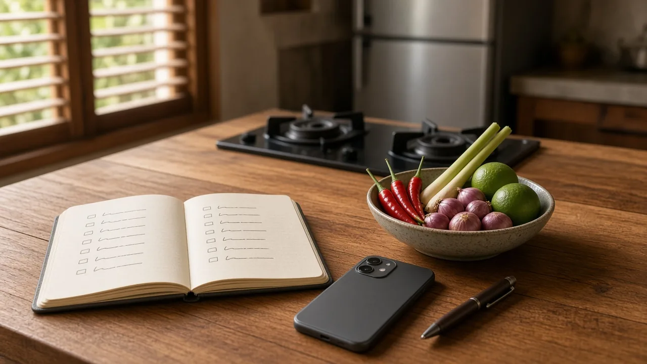 Notebook checklist and phone beside fresh produce on a Bali villa kitchen worktop
