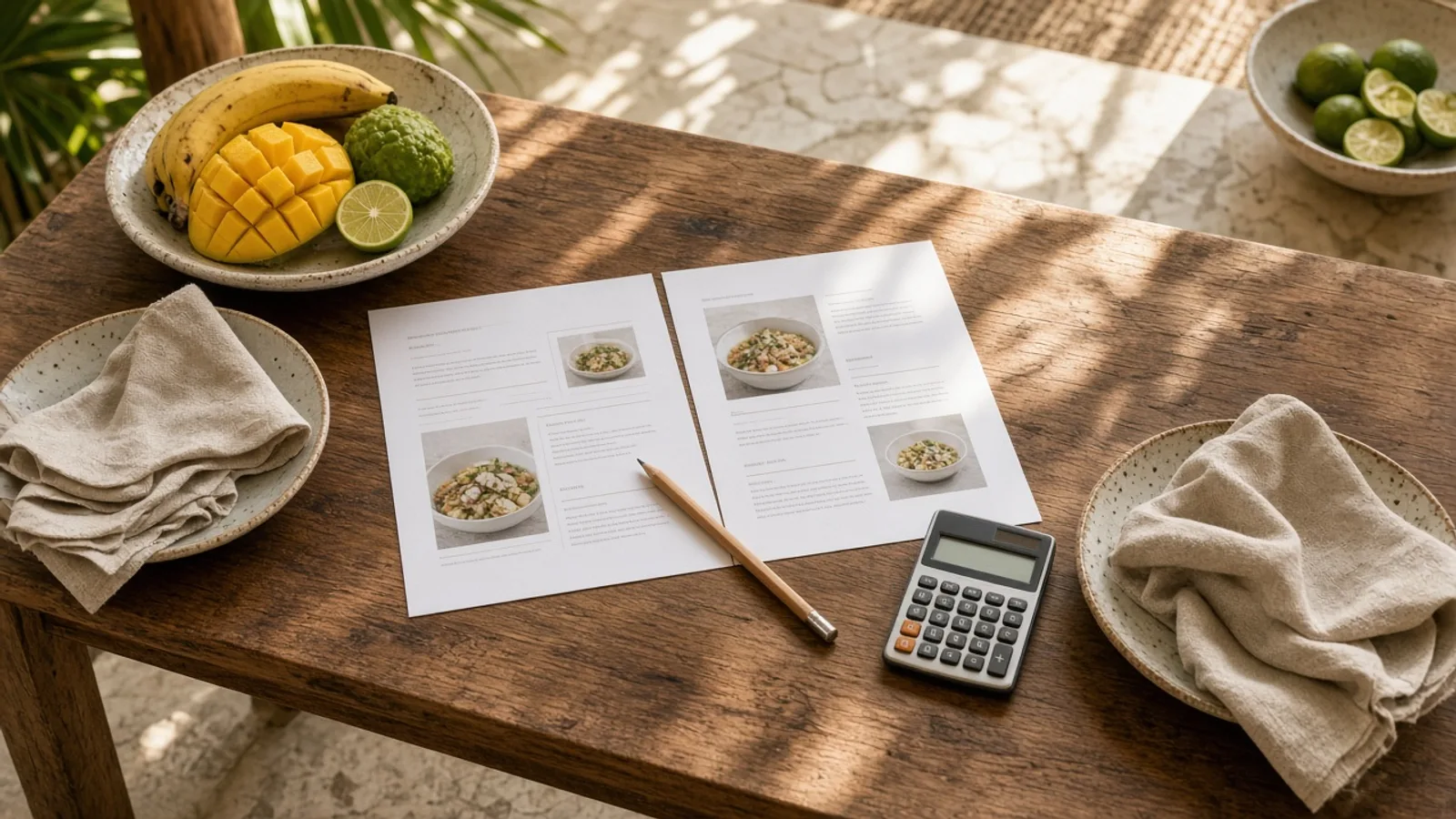 Two catering proposals on a Bali villa table with a pencil, fruit and plates
