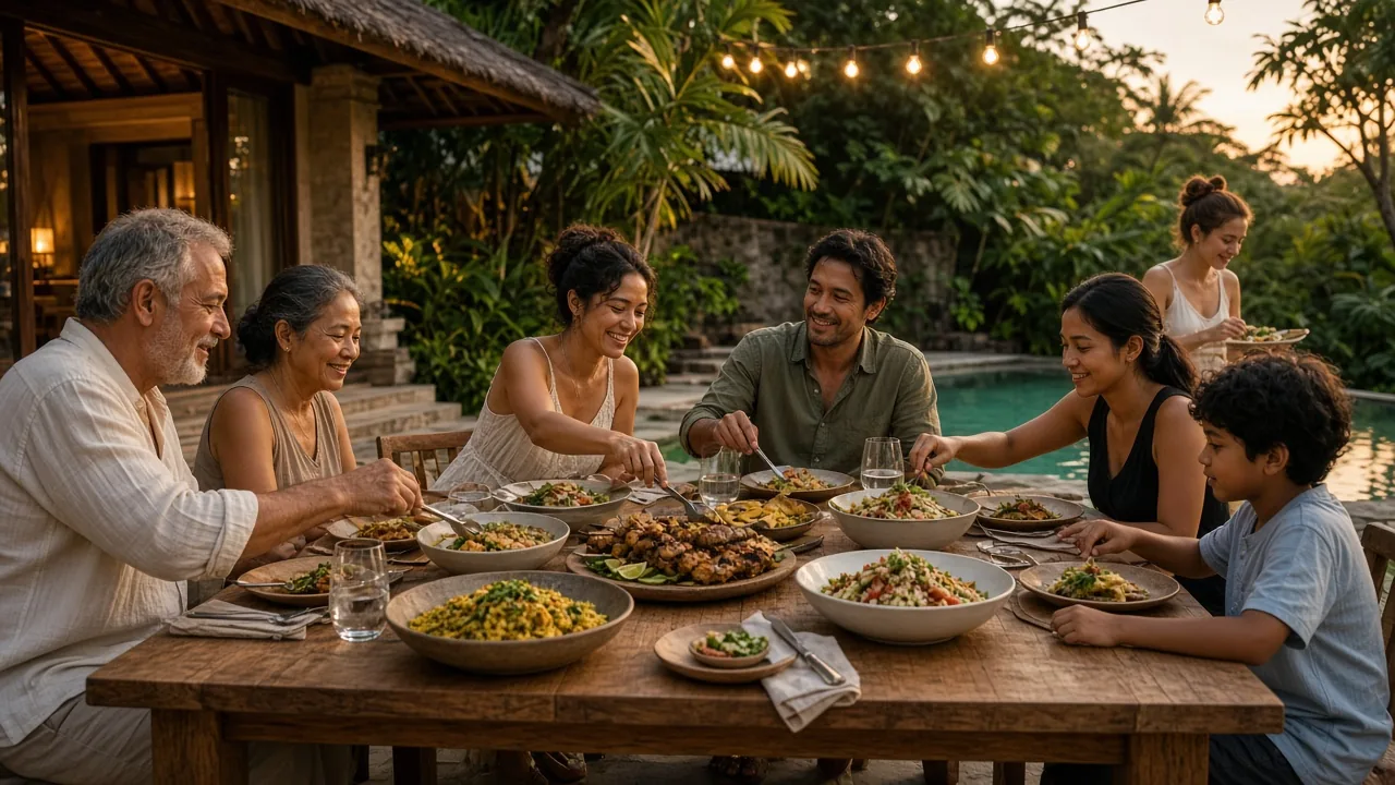 Shared platters and a buffet station side by side on a Bali villa terrace at dusk