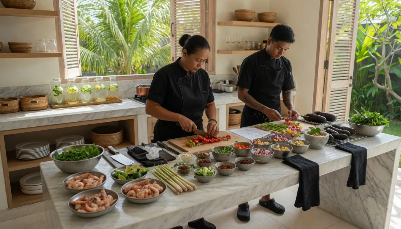 Daily private chef service: chef and assistant prepping dinner ingredients on a villa counter before guests return