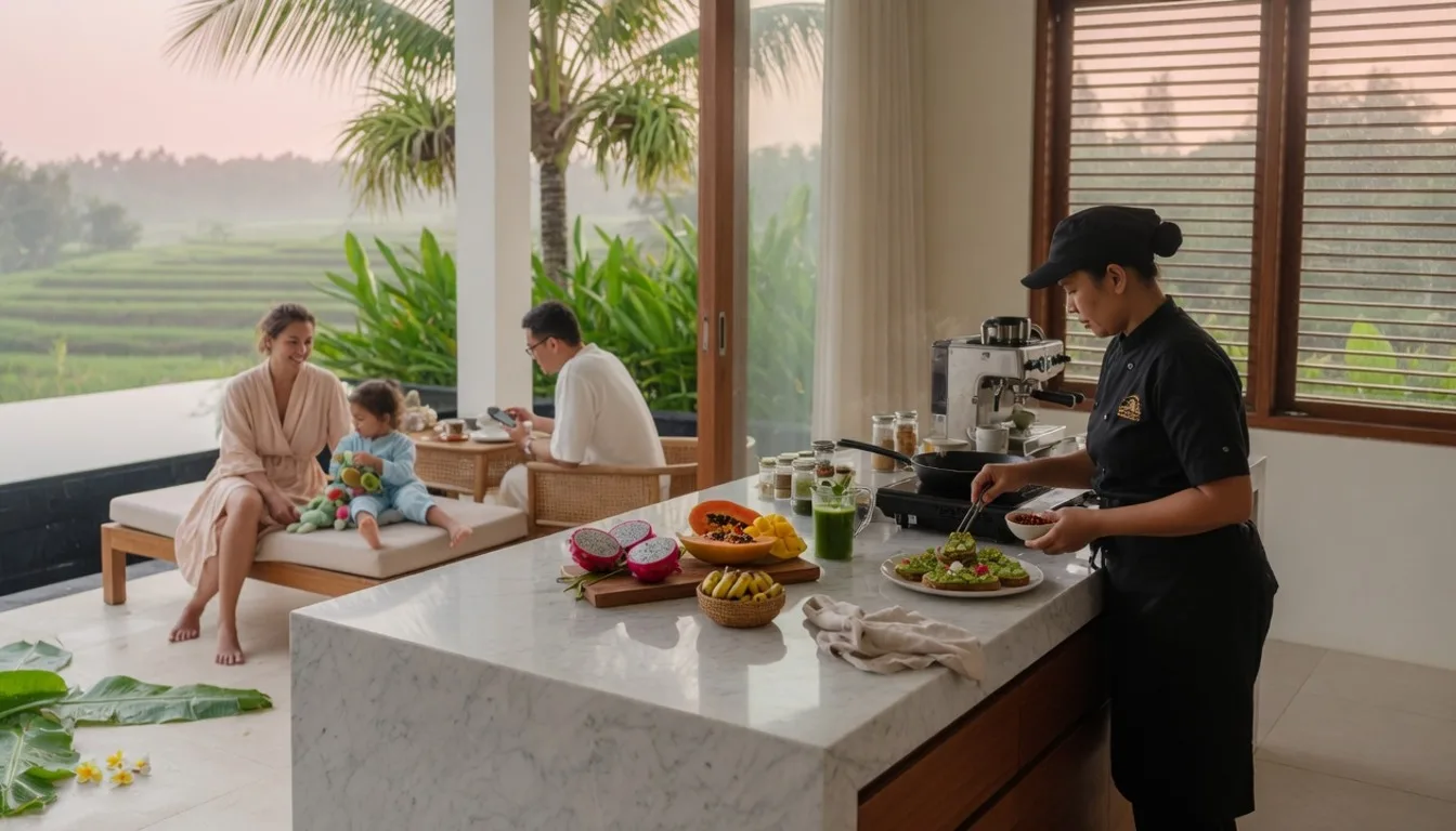 Family-style lunch on a Bali villa terrace prepared by a household chef with fresh market produce