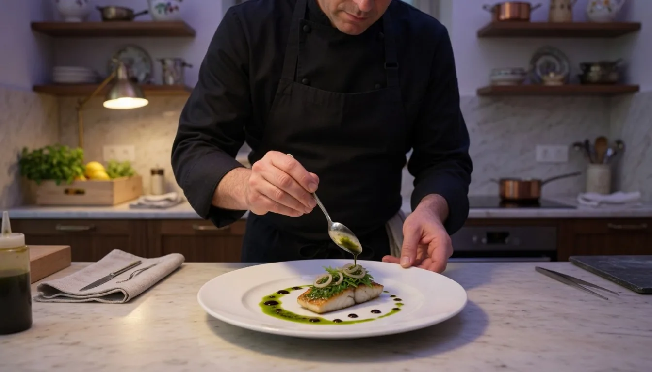 Chef finishing a pan sauce with precise consistency for a private villa dinner in Bali