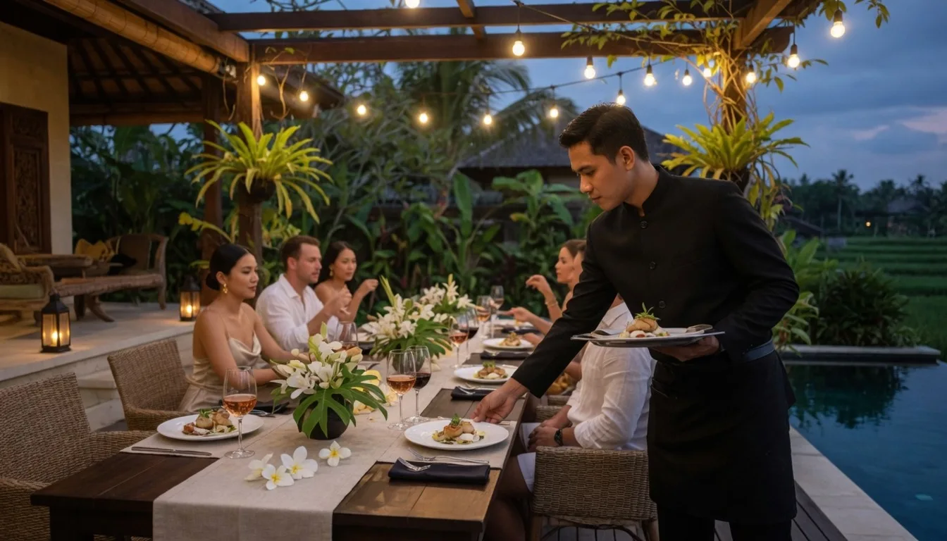 Discreet villa table service for a multi-course private dinner at sunset in Bali