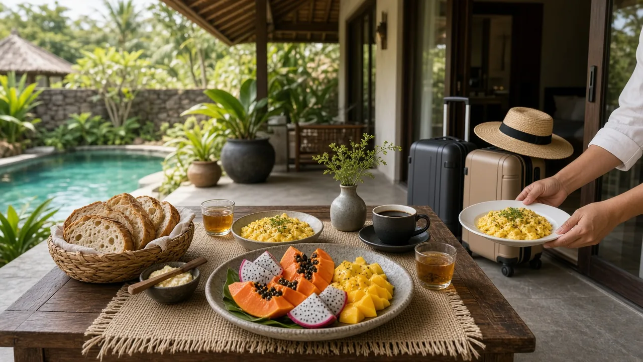 Poolside villa breakfast in Bali with carry-on luggage by the terrace door