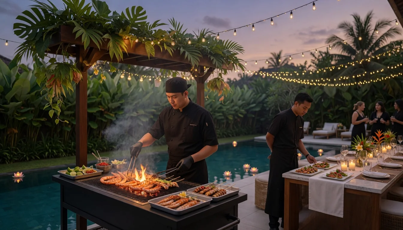 Private chef grilling seafood skewers poolside for a Bali villa rehearsal dinner
