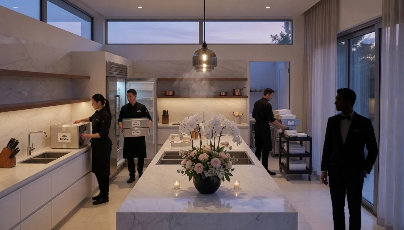 Spotless Bali villa kitchen after rehearsal dinner service as the catering team prepares to leave