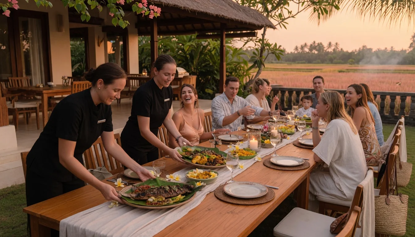 Servers placing sharing platters for a relaxed villa rehearsal dinner in Bali at golden hour