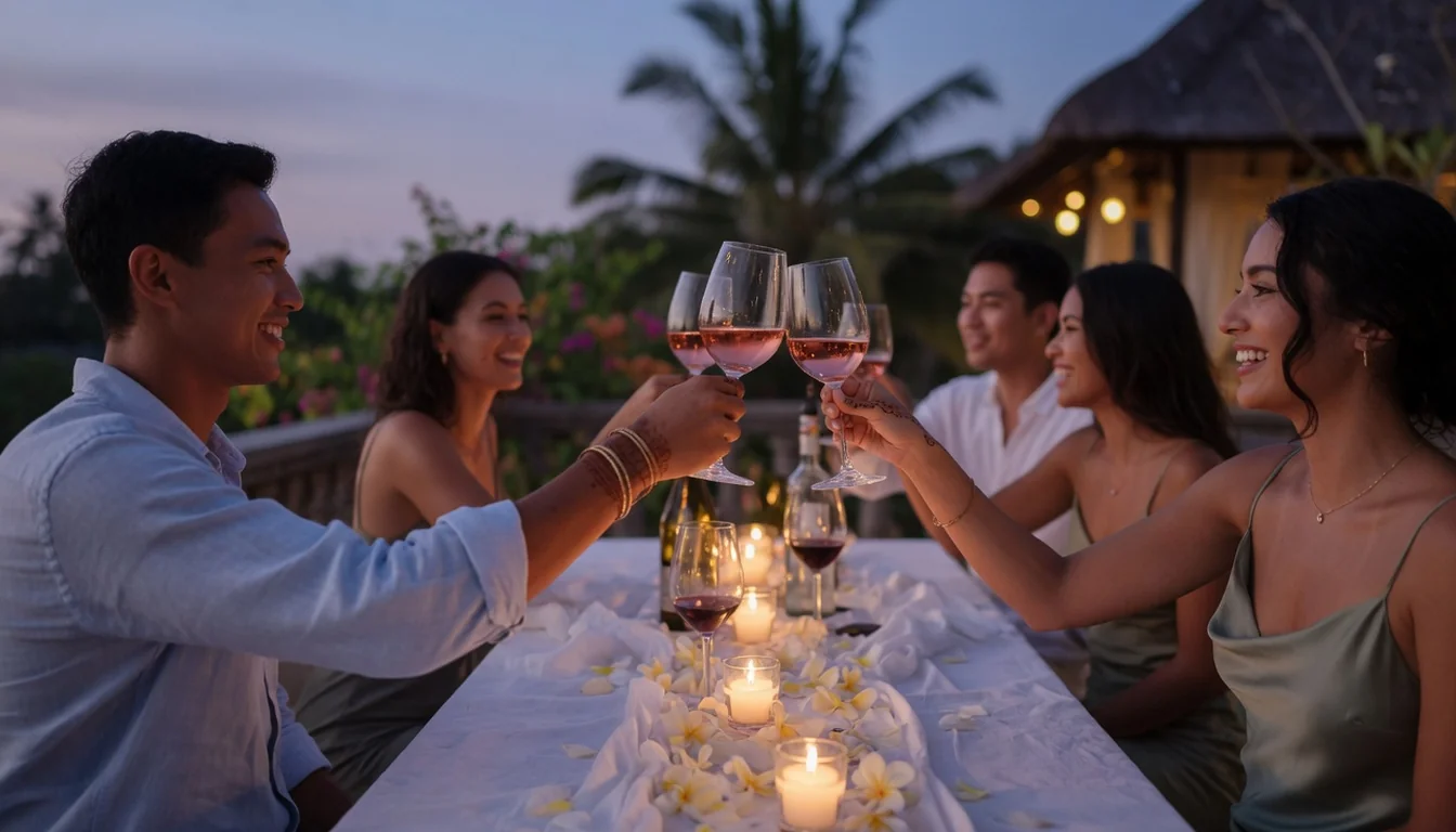 Guests toasting at a candlelit outdoor rehearsal dinner table at a Bali villa
