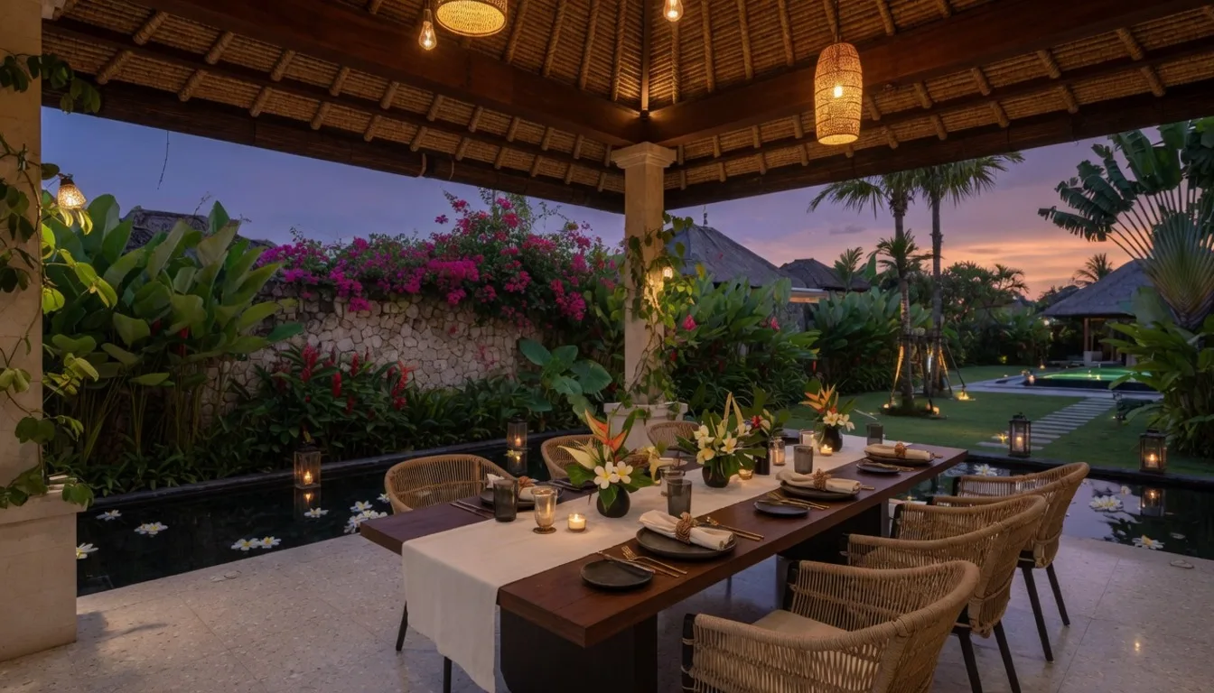 Plated private chef main course served at an outdoor Seminyak villa dining table