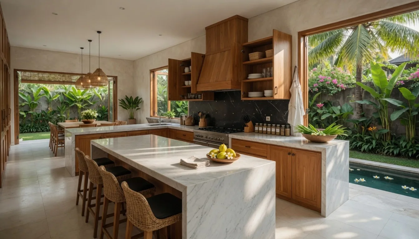 Modern Seminyak villa kitchen with island counter ready for a private chef service
