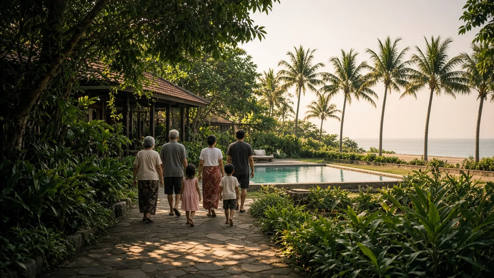 A multi-generation family walking a shaded Bali villa path toward a quiet pool
