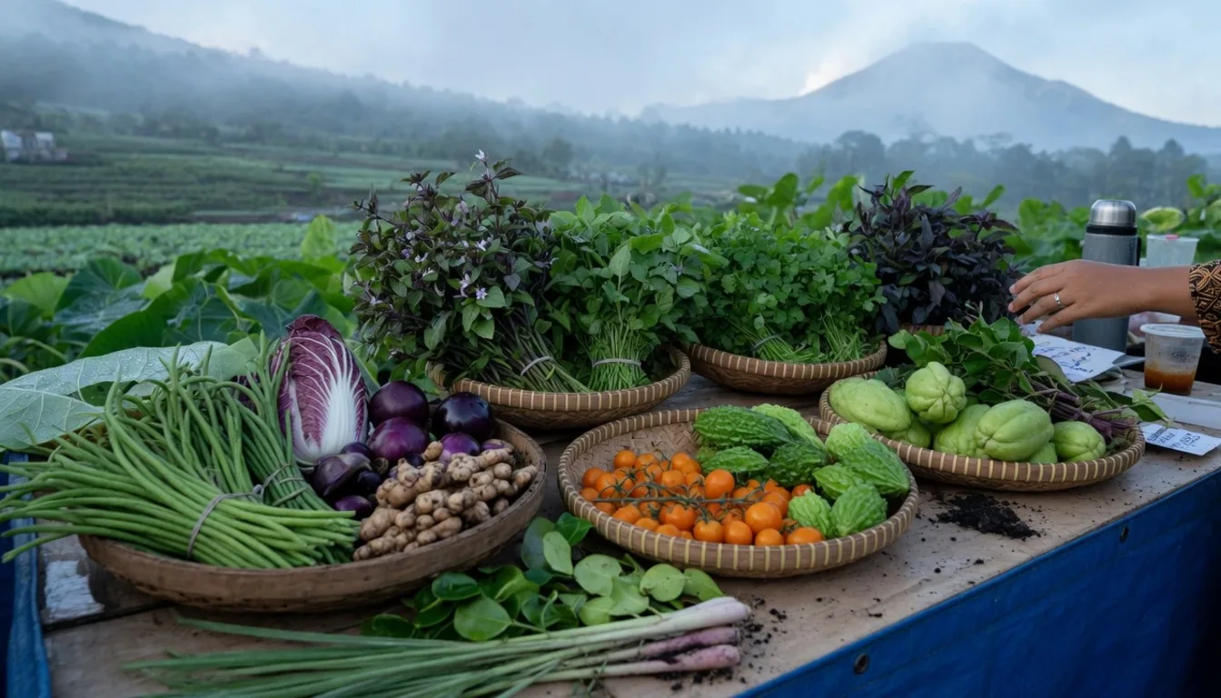 Bedugul highland vegetable farms supplying greens and strawberries for Bali villa dining