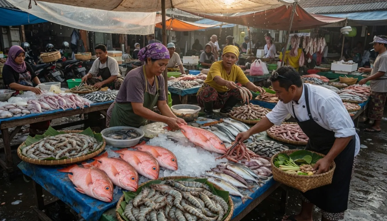 Early morning Bali wet market shopping for villa chef service with fresh vegetables and herbs