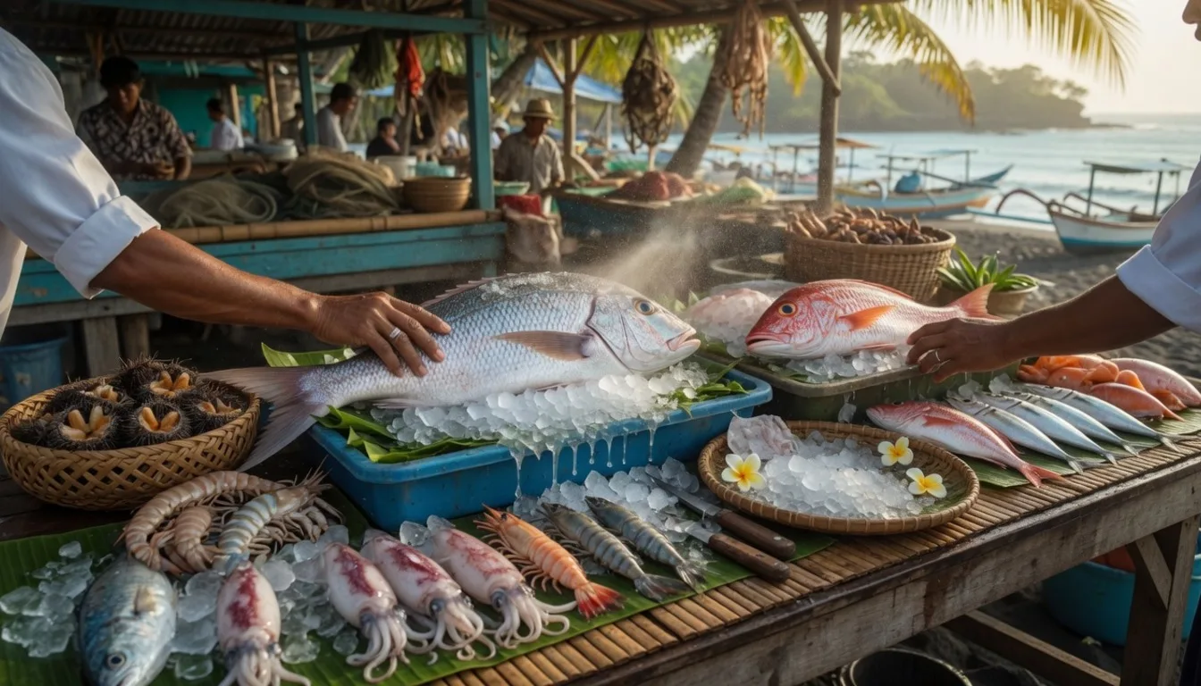 Fresh Jimbaran seafood selection including snapper and prawns for same-day villa cooking