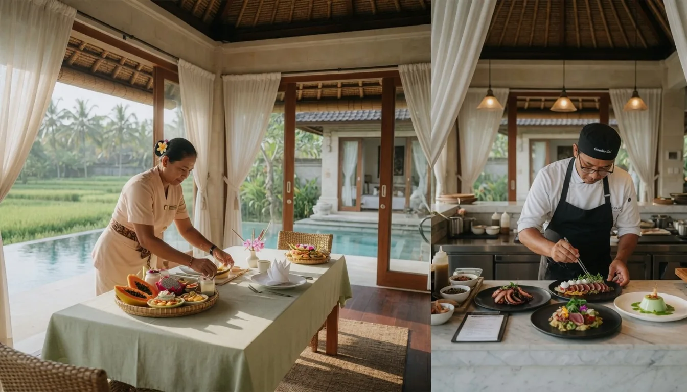 Comparison of villa staff home cooking versus professional chef plated service at a Bali villa