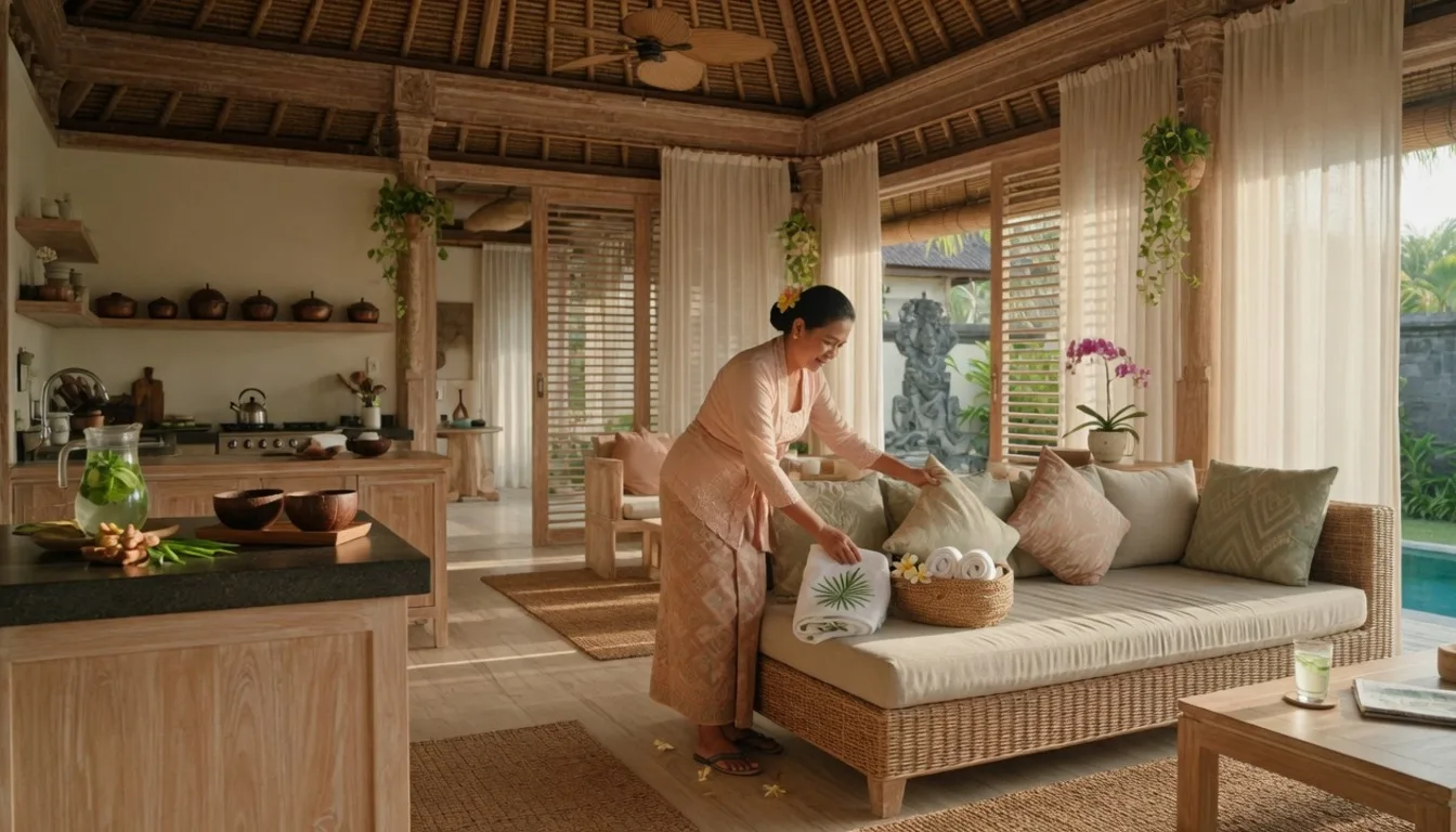 Bali villa housekeeper and butler preparing guest rooms and common areas