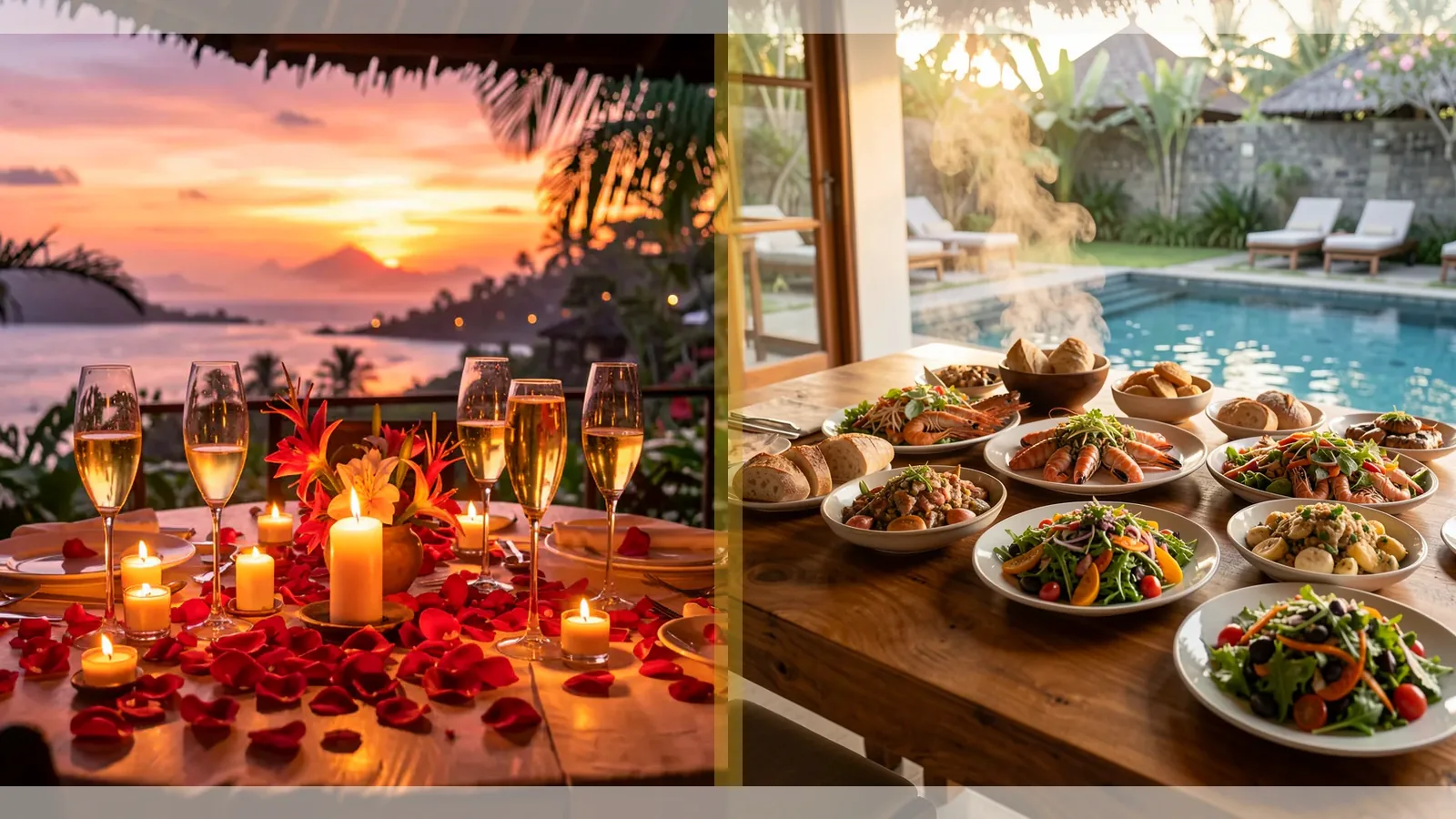 Conceptual Bali villa scene comparing multi-day stay chef service with one-night catering
