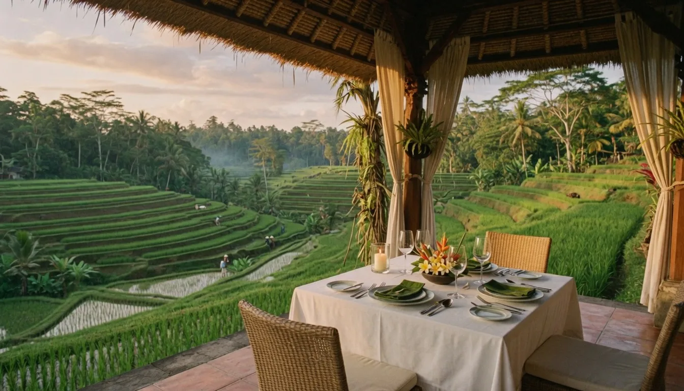 Open-air dining pavilion overlooking rice terraces and jungle canopy near Ubud