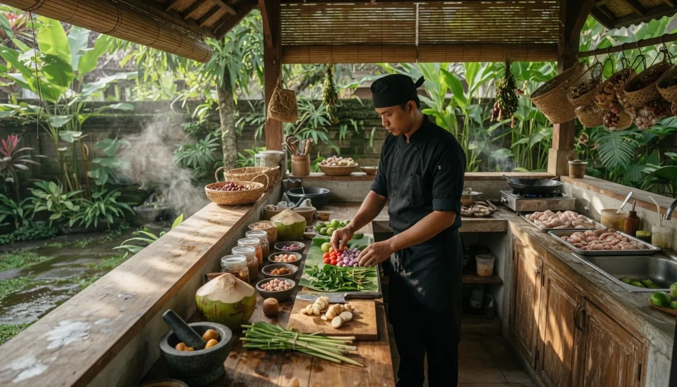 Compact Ubud villa kitchen prepared with fresh produce and professional chef mise en place