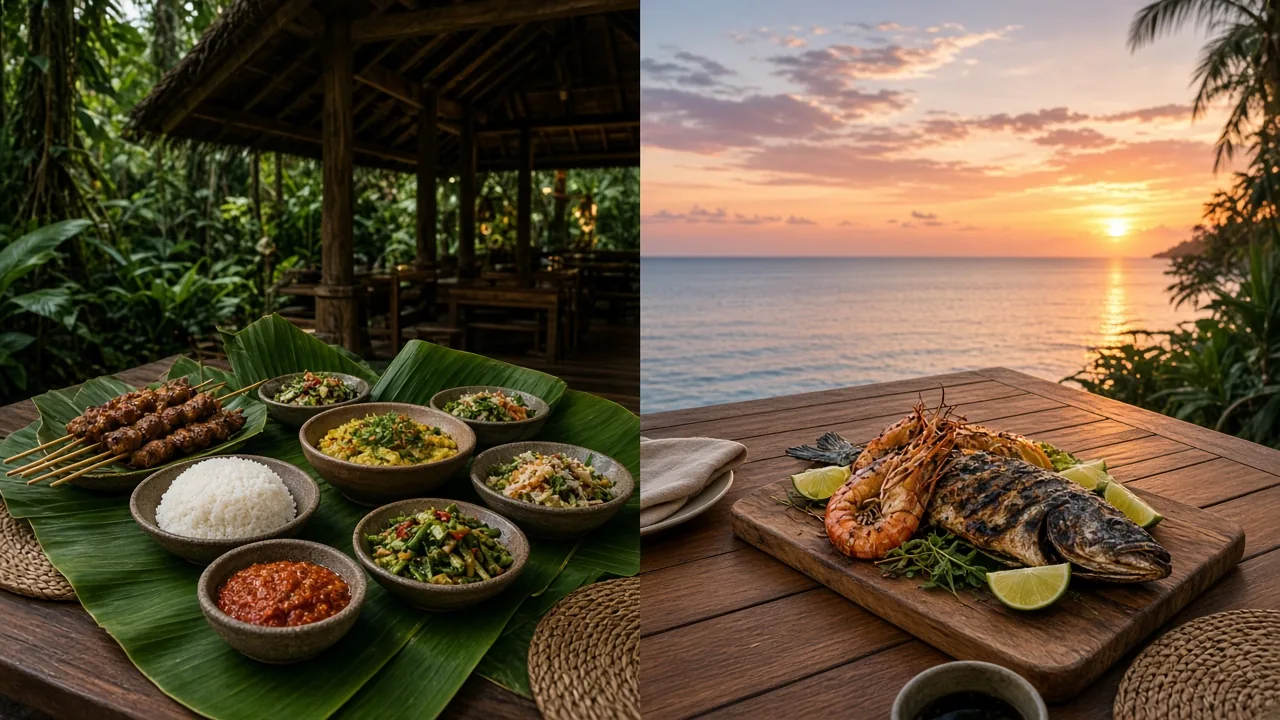 Balinese dishes in a jungle pavilion beside grilled seafood on a beach terrace at sunset