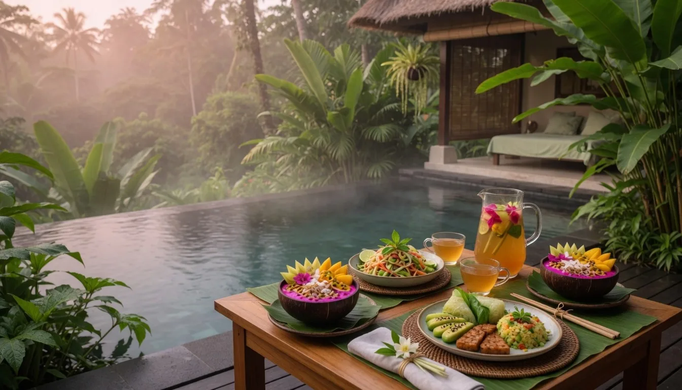 Plant-forward private chef breakfast by the pool at a wellness villa in Ubud