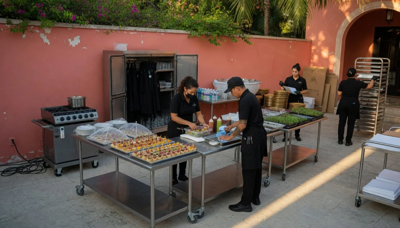 Professional catering prep station with mobile equipment set up beside a Bali villa kitchen