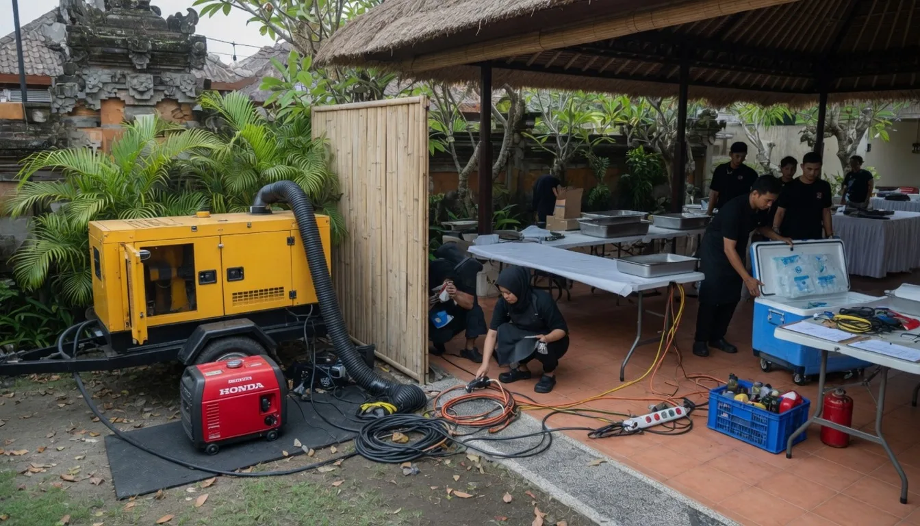 Backup generator and outdoor catering power setup for a large Bali villa wedding
