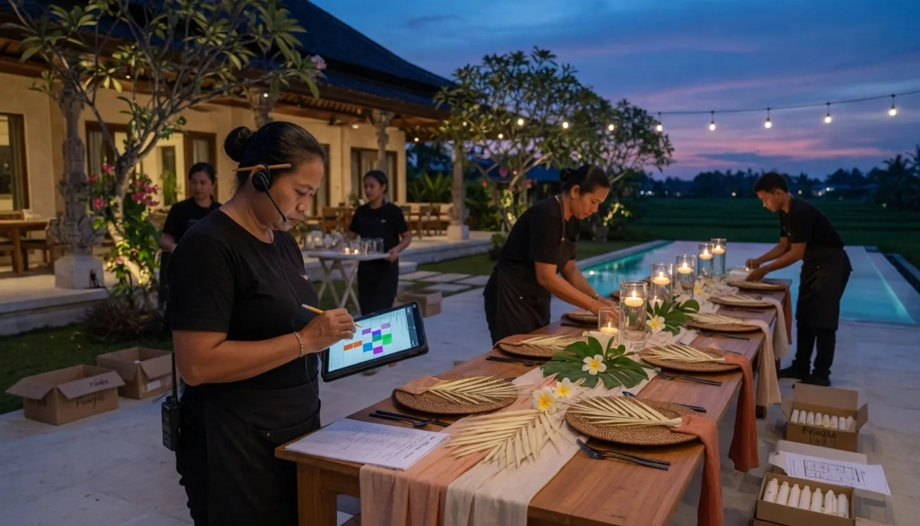 Wedding day catering timeline board with course times and staff call sheets for a Bali villa reception