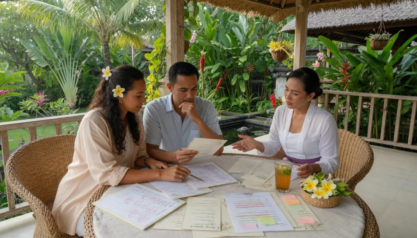 Couple reviewing a wedding catering budget proposal with per-guest line items