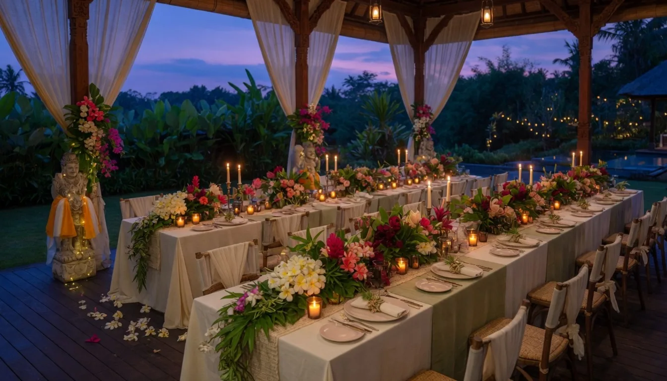Wait staff serving plated courses at a Bali villa wedding reception