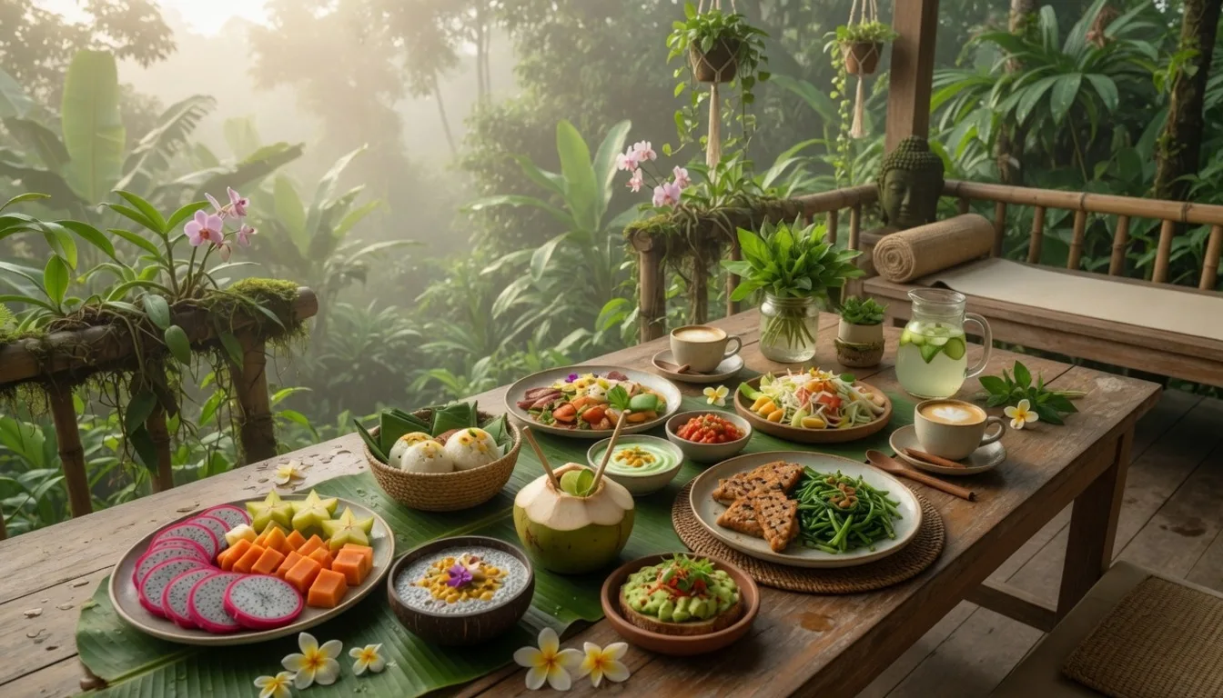 Colourful yoga retreat breakfast bowls with tropical fruit, granola and fresh juices at a Bali villa