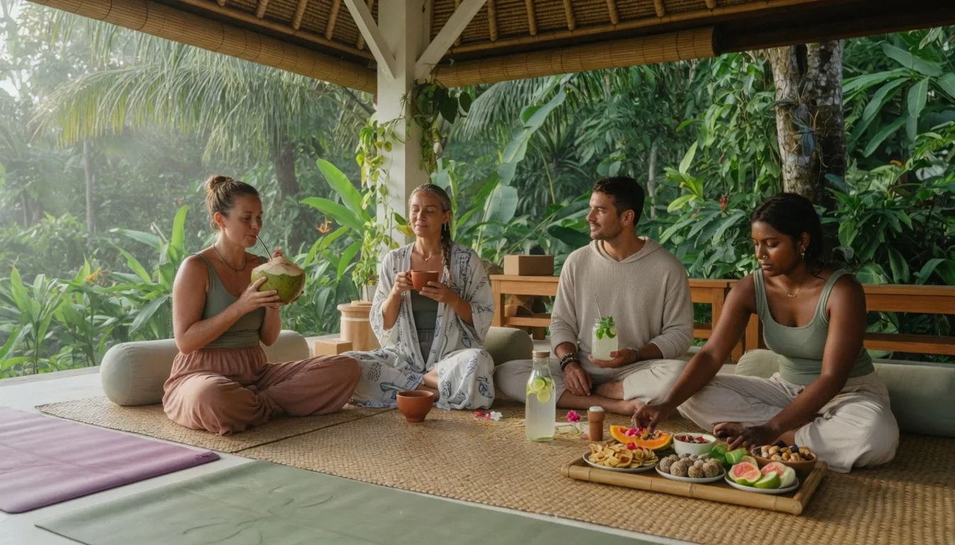 Retreat schedule board aligned with meal times for a multi-day yoga programme in Bali
